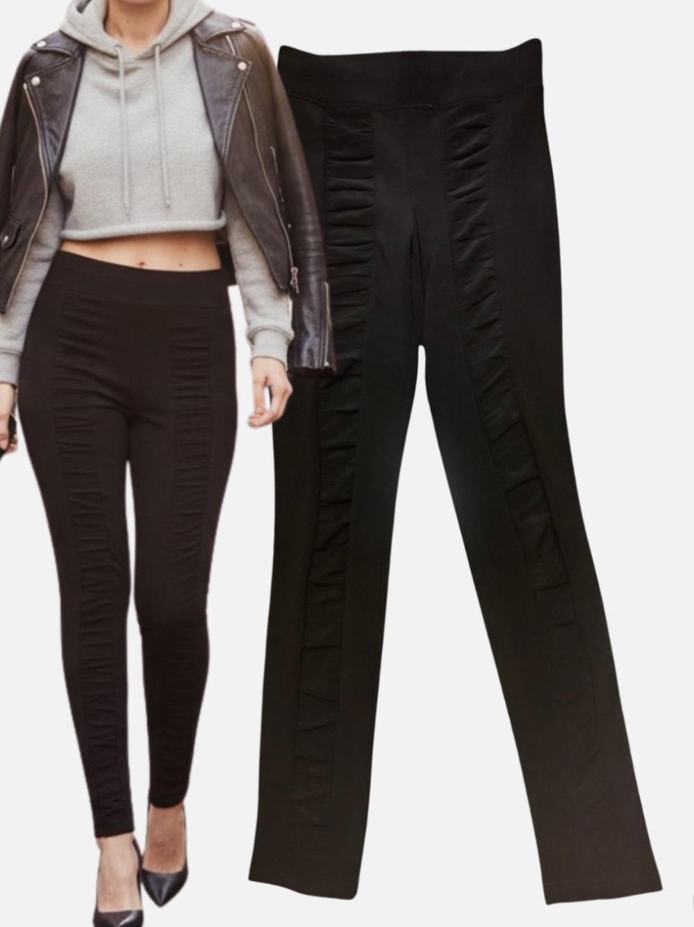 Joseph Ribkoff Black Pull On Ruched Pants Edgy Chic Elevated Athleisure Sz 4